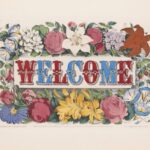 Blue and red WELCOME text surrounded by flowers on a beige background