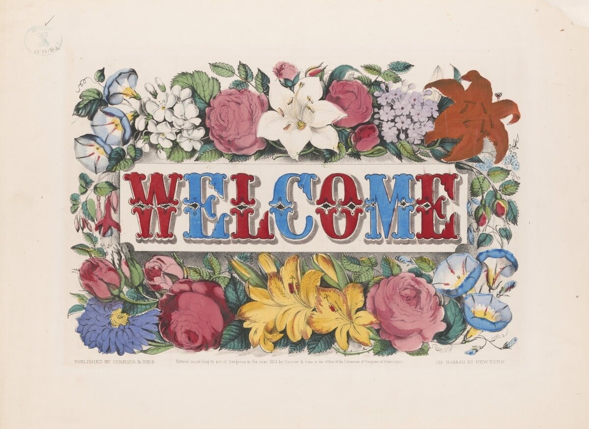 Blue and red WELCOME text surrounded by flowers on a beige background